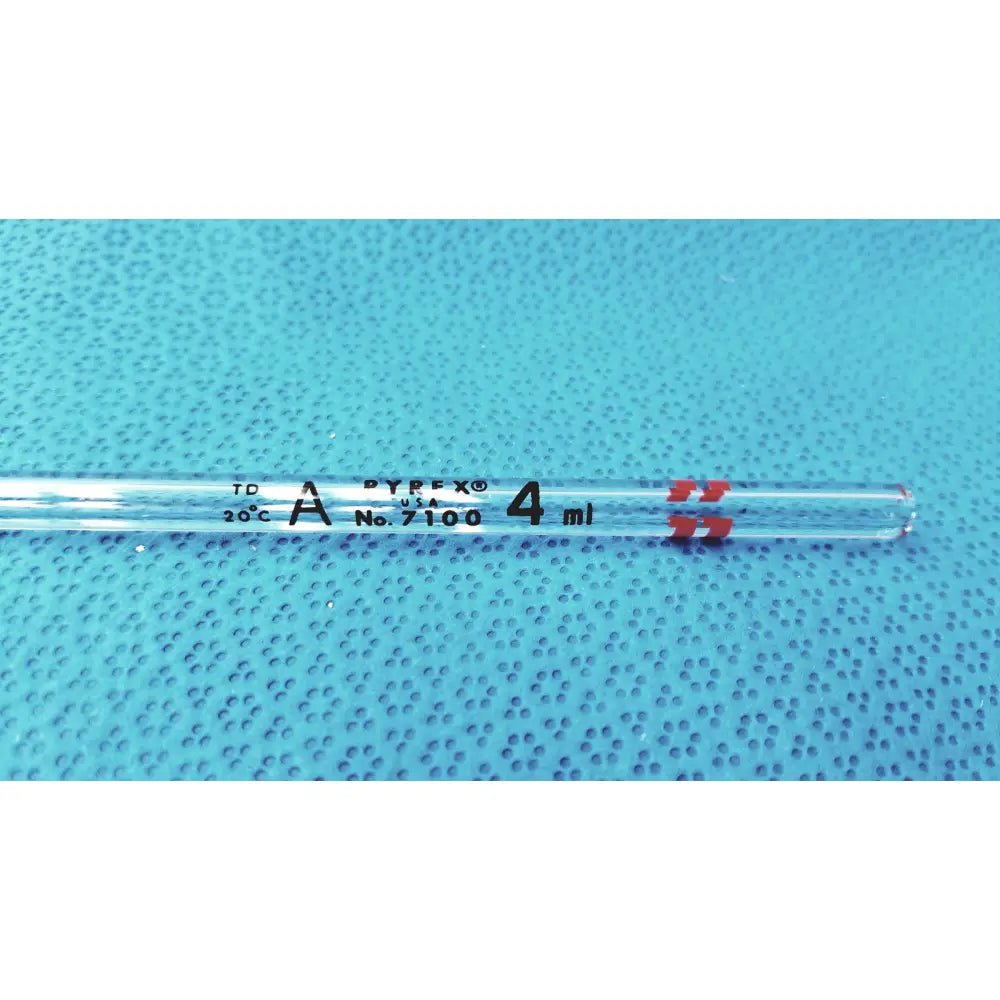 Clear glass pyrex 4ml class a volumetric pipette with black and red measurement markings for laboratory use