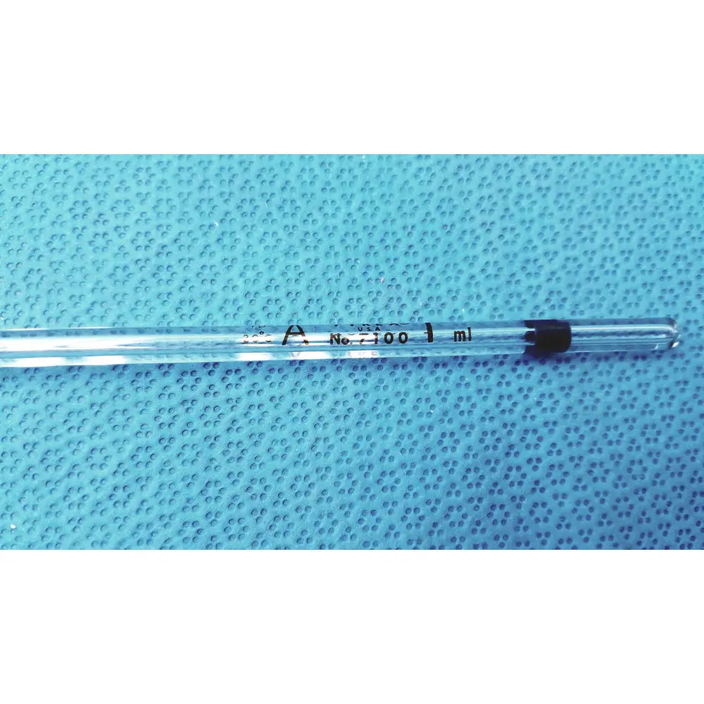 Clear glass pyrex class a 1ml glass volumetric pipette with black markings and rubber stopper for precise lab use