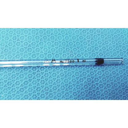 Clear glass pyrex class a 1ml glass volumetric pipette with black markings and rubber stopper for precise lab use