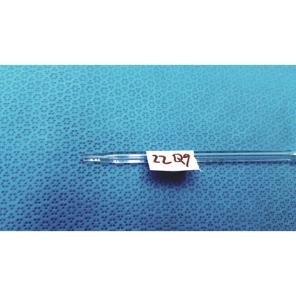 Clear pyrex class 1ml glass volumetric pipette with narrow tip and white label marked 22q9 for precise lab use