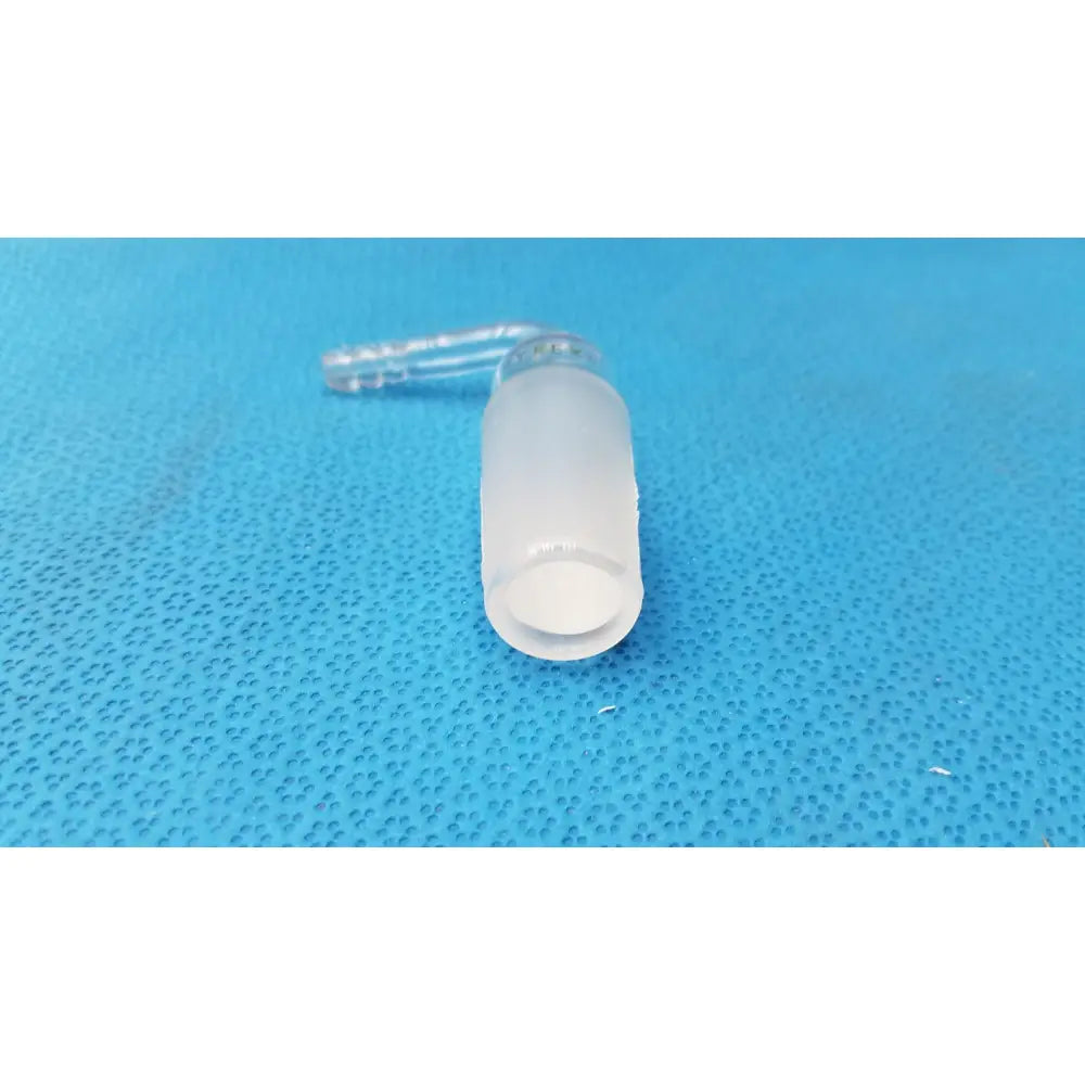 Translucent frosted pyrex glass adapter with clear plastic tubing attached right-angle 24/40 cone to rubber connection