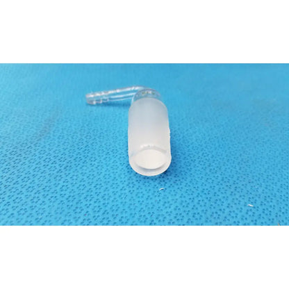Translucent frosted pyrex glass adapter with clear plastic tubing attached right-angle 24/40 cone to rubber connection