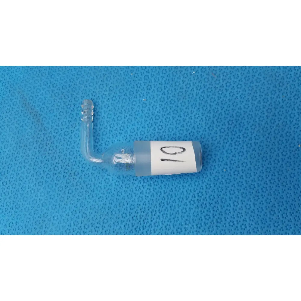 Clear glass pyrex glass adapter with 24/40 cone and right-angle elbow joint labeled 01 for rubber tubing connection