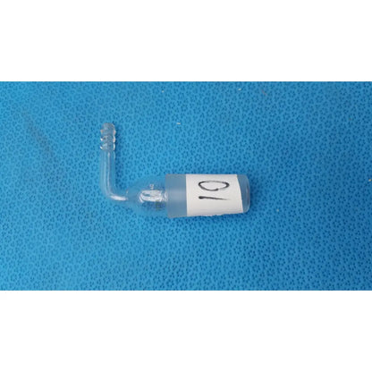 Clear glass pyrex glass adapter with 24/40 cone and right-angle elbow joint labeled 01 for rubber tubing connection