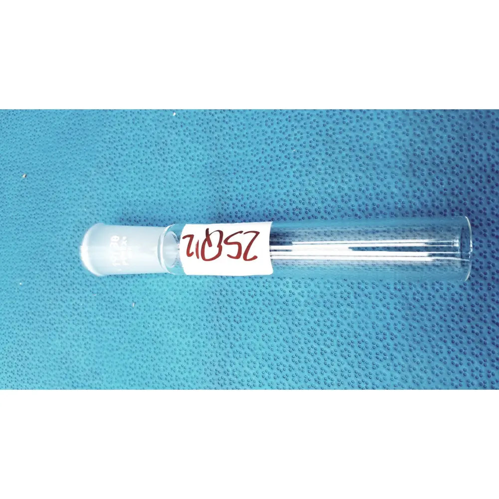 Clear pyrex glass lab joint adapter with white cap and handwritten 20sz label for ground outer joints 19/38