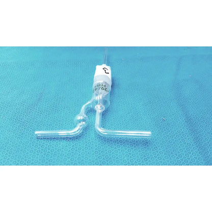 Clear pyrex glass stopper 29/42 with white label and two curved arms for gas washing bottle use