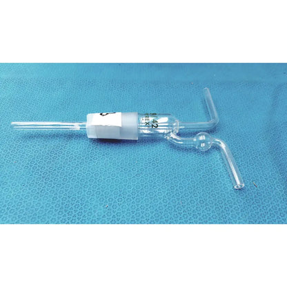 Clear pyrex glass stopper 29/42 with cylindrical body and angled tubes for gas washing bottle use