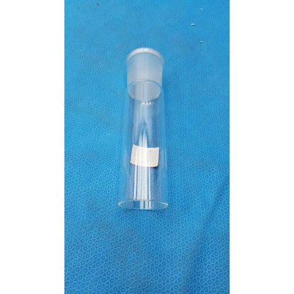 Clear plastic pyrex ground glass cylindrical container with frosted white cap and rectangular label for lab use