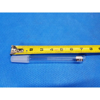 Clear glass pyrex ground glass joint test tube with translucent white cap and silver metal band for laboratory use