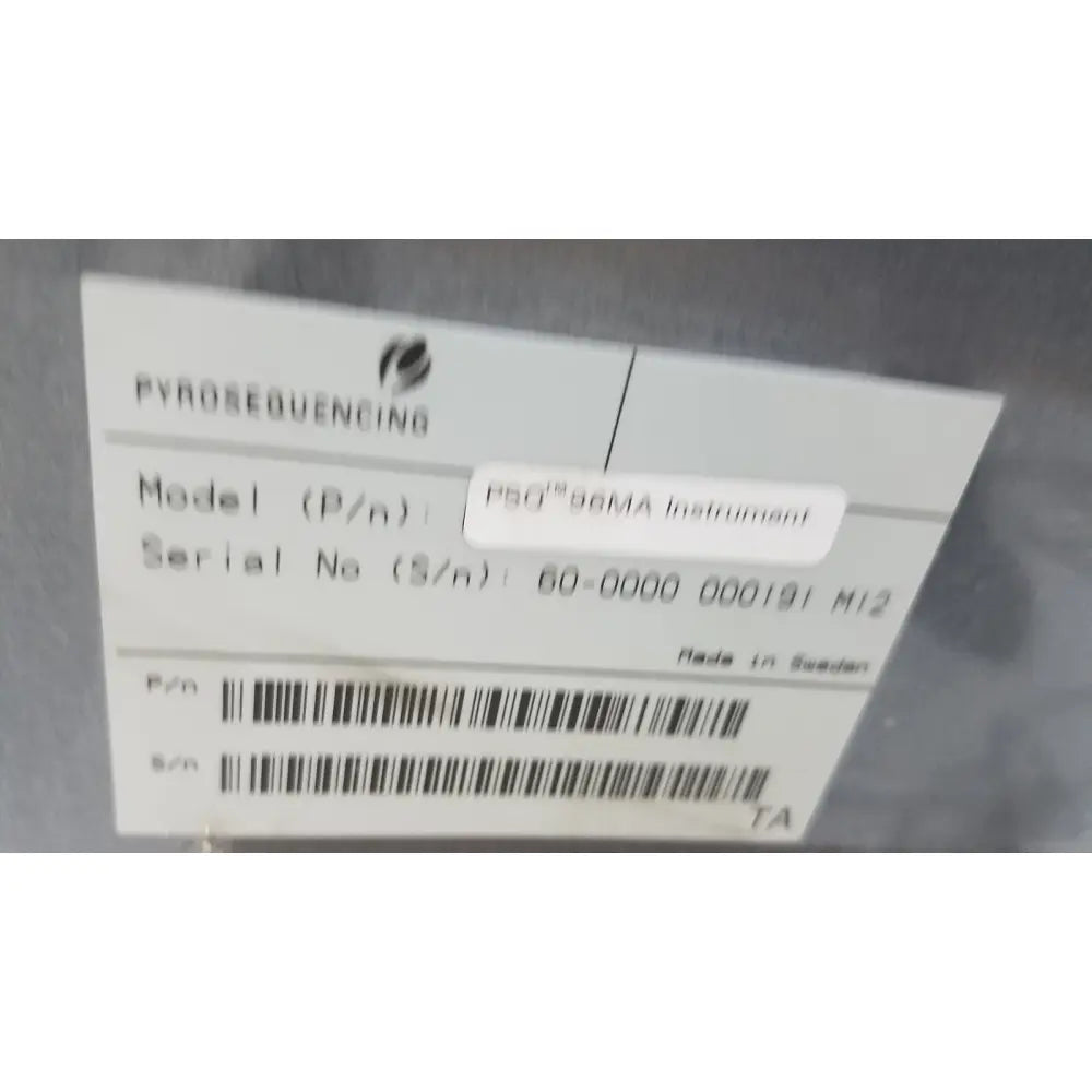 White label with black text and barcode on pyrosequencing psq96 analysis psq96 analysis pyrosequencer instrument