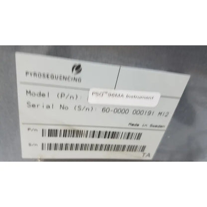 White label with black text and barcode on pyrosequencing psq96 analysis psq96 analysis pyrosequencer instrument