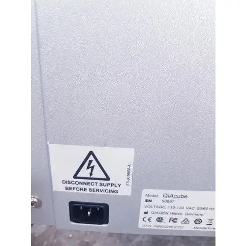 Silver metallic qiagen qiacube automated dna rna purification system model 50897 with black power port and warning label