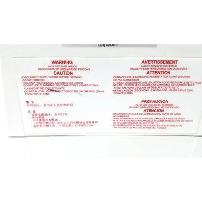 The back label on the white QSonica C75T ultrasonic cleaner displays safety warnings in English and Chinese