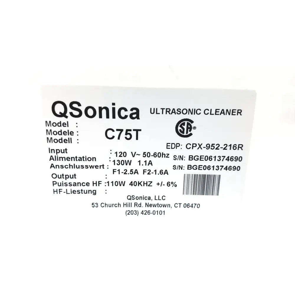 White label on the back of a qsonica c75t ultrasonic cleaner 120v 50-60hz 130w 1.1a model