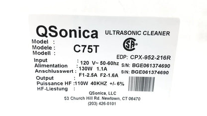 White label on the back of a qsonica c75t ultrasonic cleaner 120v 50-60hz 130w 1.1a model