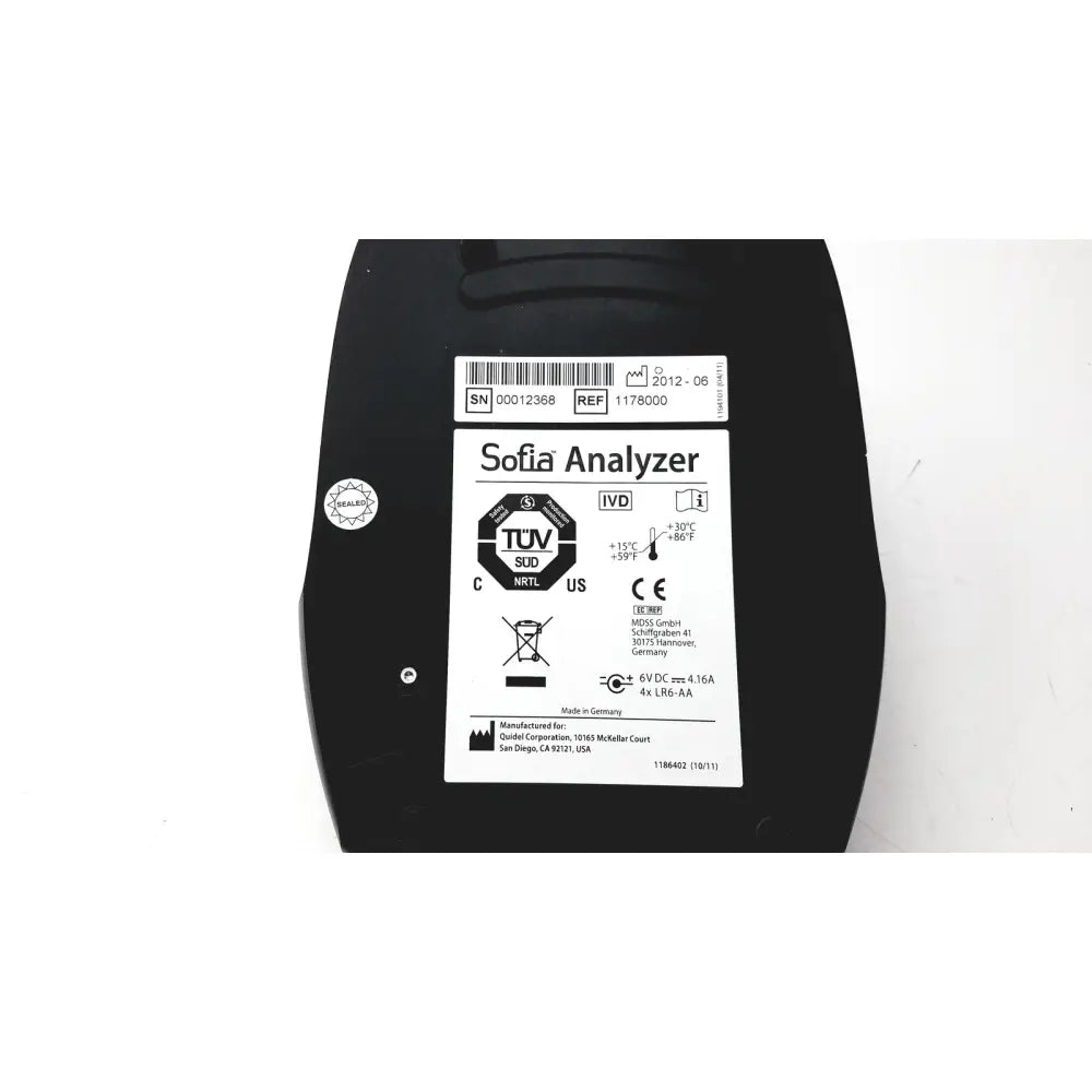 Black quidel sofia laboratory analyzer 1178000 showing white label with certification marks and technical specifications