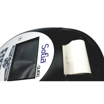 Black and white quidel sofia handheld barcode scanner with roll of paper label stock for sofia laboratory analyzer use