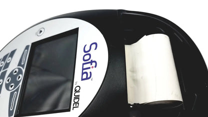 Black and white quidel sofia handheld barcode scanner with roll of paper label stock for sofia laboratory analyzer use
