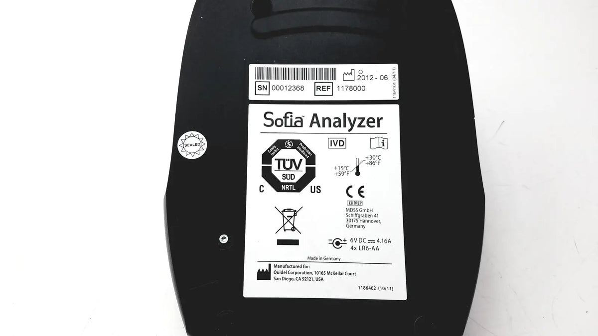 Black quidel sofia laboratory analyzer 1178000 showing white label with certification marks and technical specifications