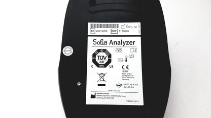 Black quidel sofia laboratory analyzer 1178000 showing white label with certification marks and technical specifications