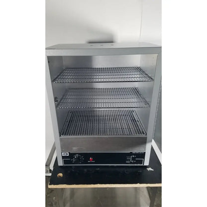 Silver stainless steel three-tier food warmer with wire mesh shelves and black control panel for Quincy Lab 30GC gravity oven