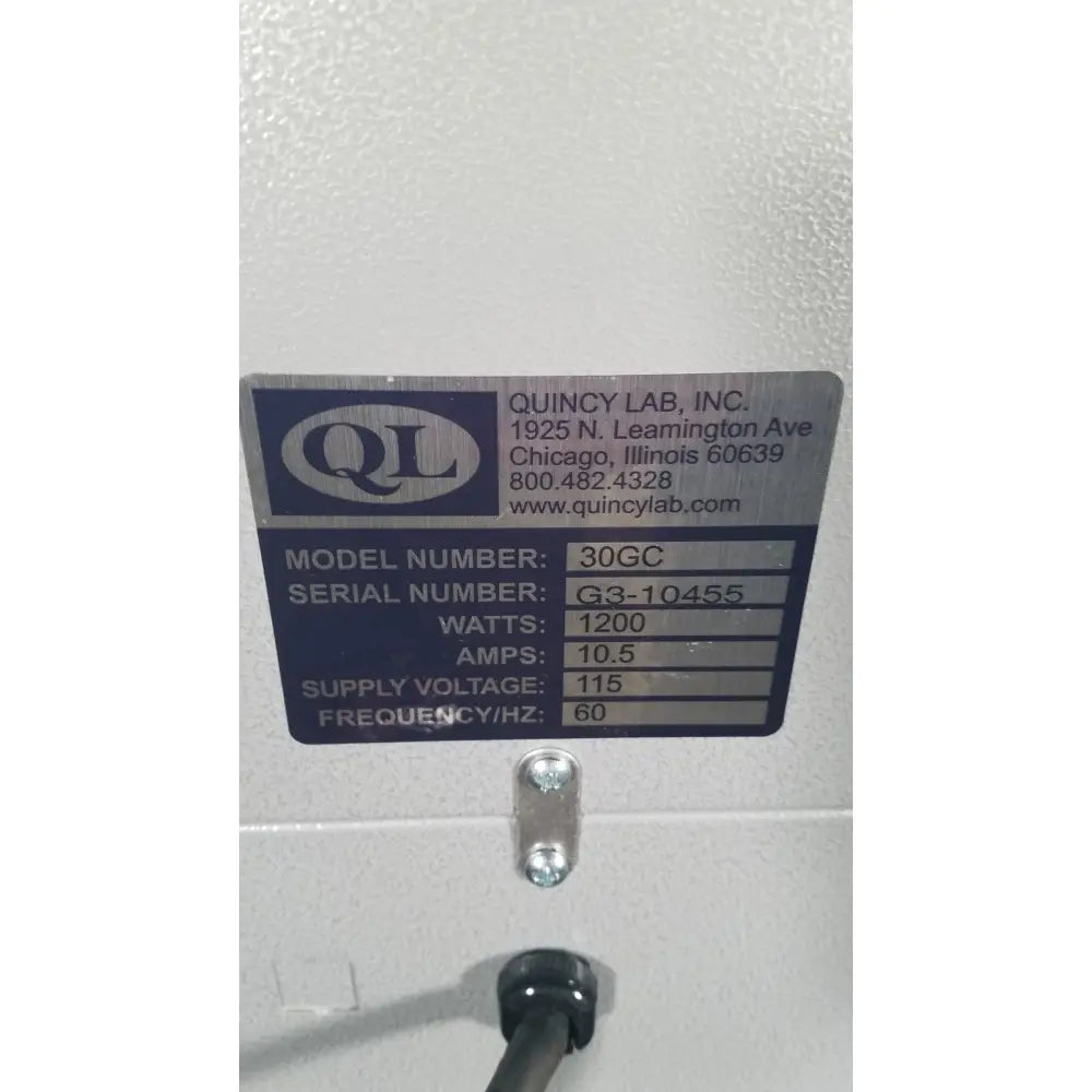 Silver metallic label with black text showing specifications for quincy lab 30gc gravity convection lab oven