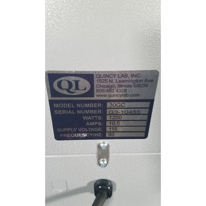 Silver metallic label with black text showing specifications for quincy lab 30gc gravity convection lab oven