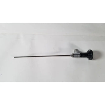 Black and silver rigid arthroscope with a 25 degree angle and a slender metallic shaft for precise surgical use by R Wolf