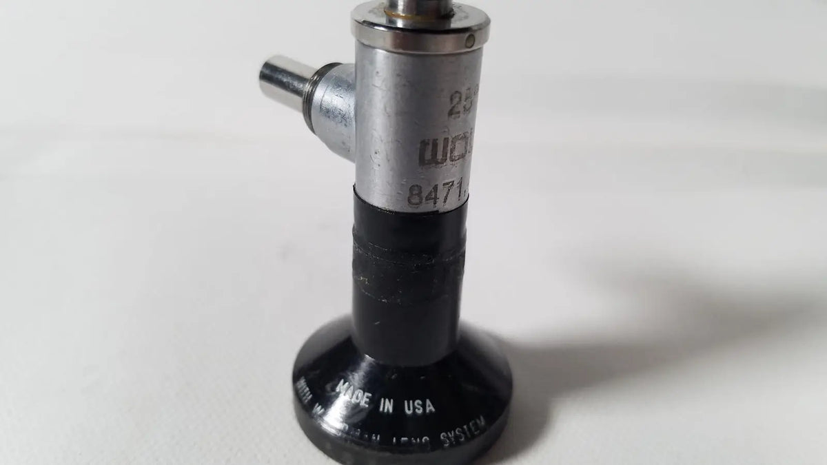 Black and silver reuse medical r wolf 8471.42 25 degree rigid arthroscope with metallic handle and engraved markings