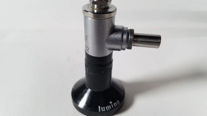 Black and silver luminia gas burner with cylindrical metallic body and threaded nozzle for reuse medical degree rigid arthroscope use