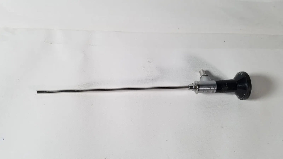 Black and silver rigid arthroscope with a 25 degree angle and a slender metallic shaft for precise surgical use by R Wolf