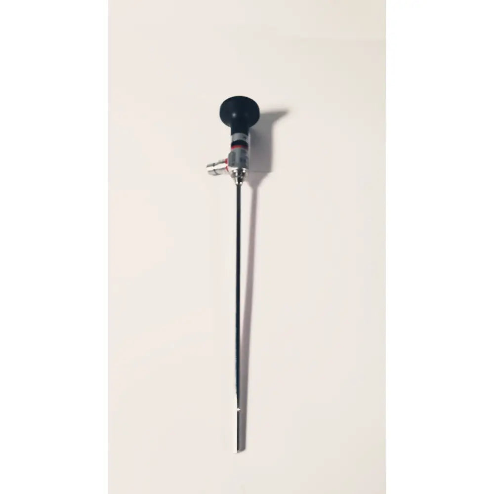 Black-handled rwolf 8880.433 panoview 25 degree rigid arthroscope with slender metallic shaft and silver-colored joints