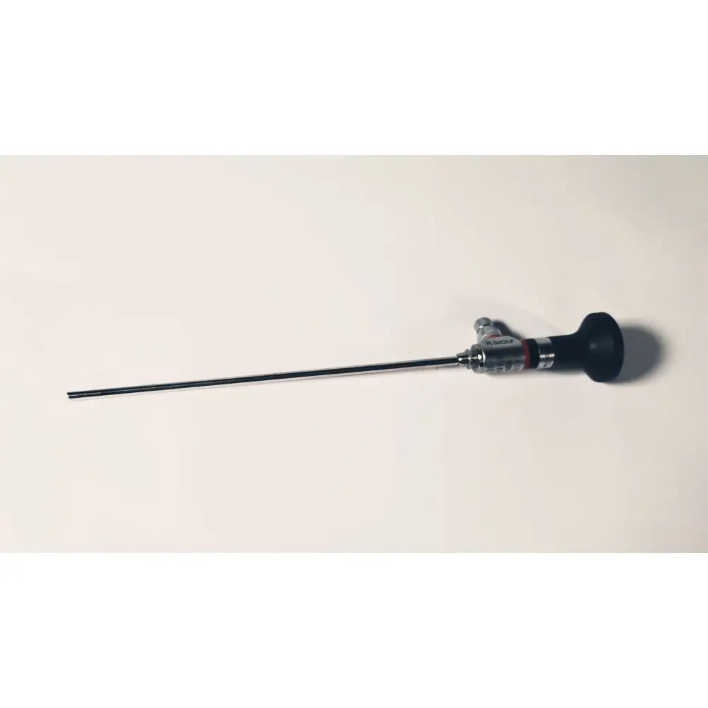 Black-handled R.Wolf 8880.433 Panoview 25 degree rigid arthroscope with a slender metallic shaft and silver joints for reuse medical
