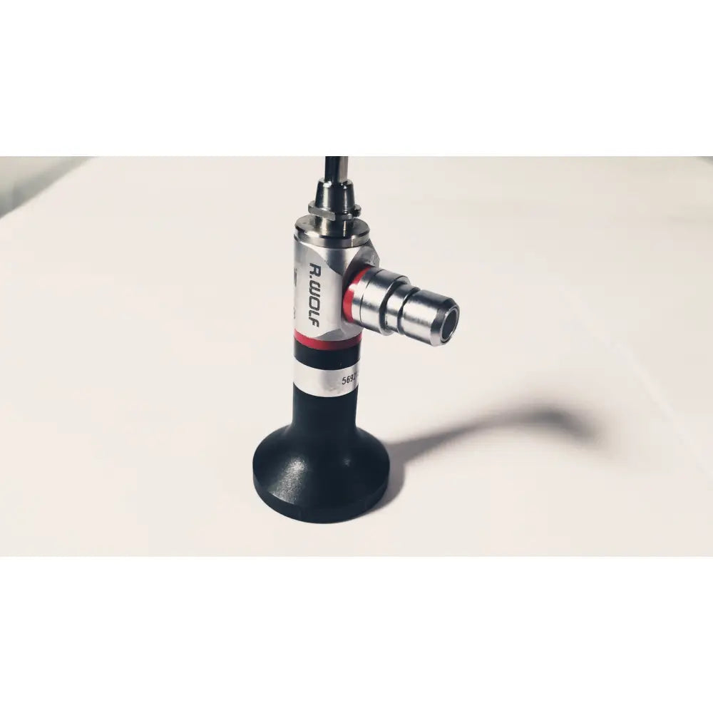 Silver and black r.wolf 8880.433 panoview 25 degree rigid arthroscope with a red accent ring