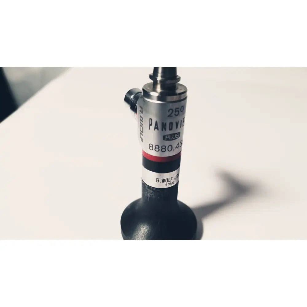 Silver and black r.wolf 8880.43 panoview 25 degree rigid arthroscope with pressure gauge and red stripe on body