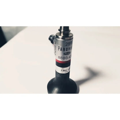 Silver and black r.wolf 8880.43 panoview 25 degree rigid arthroscope with pressure gauge and red stripe on body