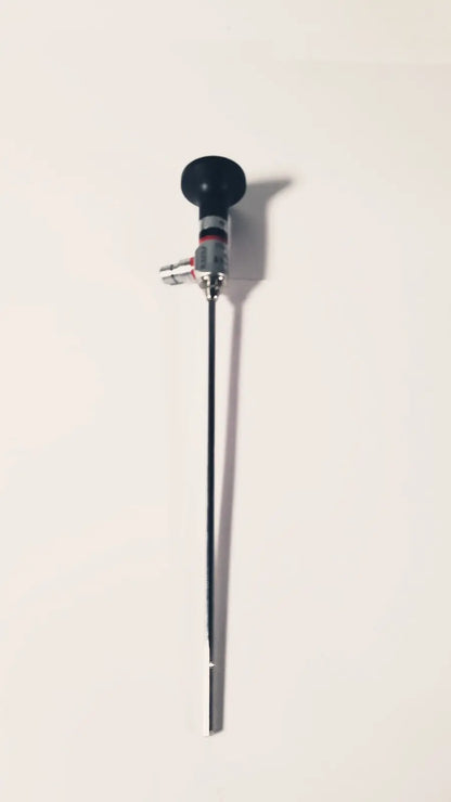 Black-handled rwolf 8880.433 panoview 25 degree rigid arthroscope with slender metallic shaft and silver-colored joints