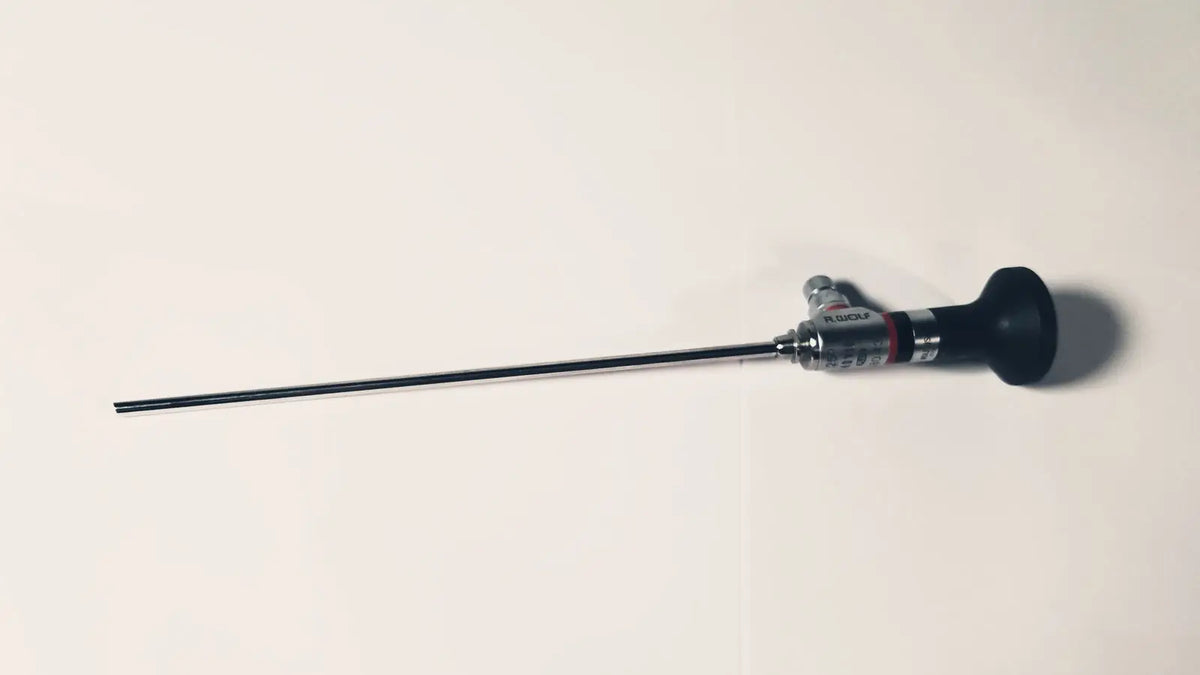 Black-handled R.Wolf 8880.433 Panoview 25 degree rigid arthroscope with a slender metallic shaft and silver joints for reuse medical