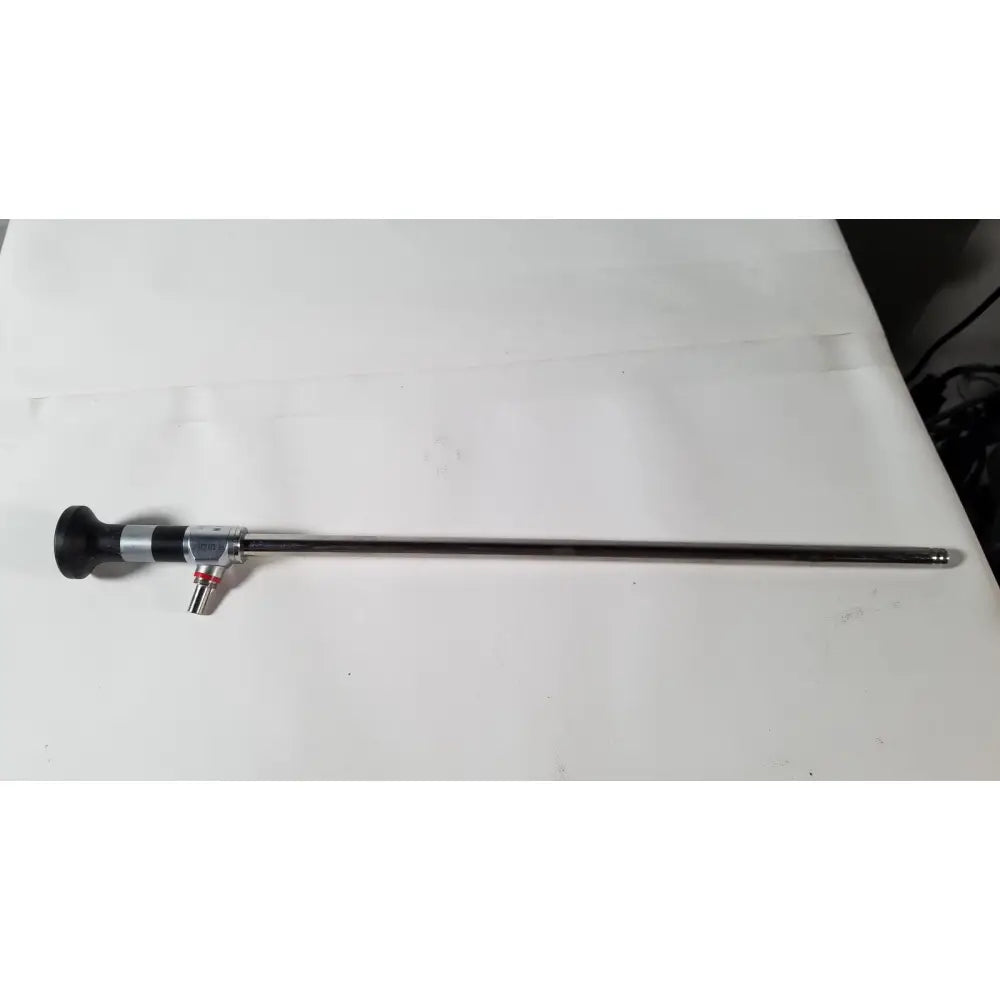 A sleek metallic panoview 10mm degree rigid lumina endoscope with black ergonomic handle and silver joints by R.Wolf