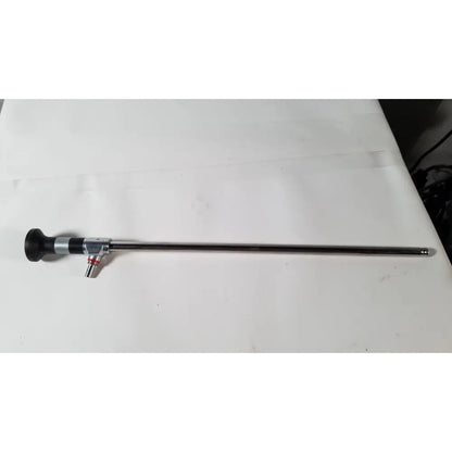 A sleek metallic panoview 10mm degree rigid lumina endoscope with black ergonomic handle and silver joints by R.Wolf