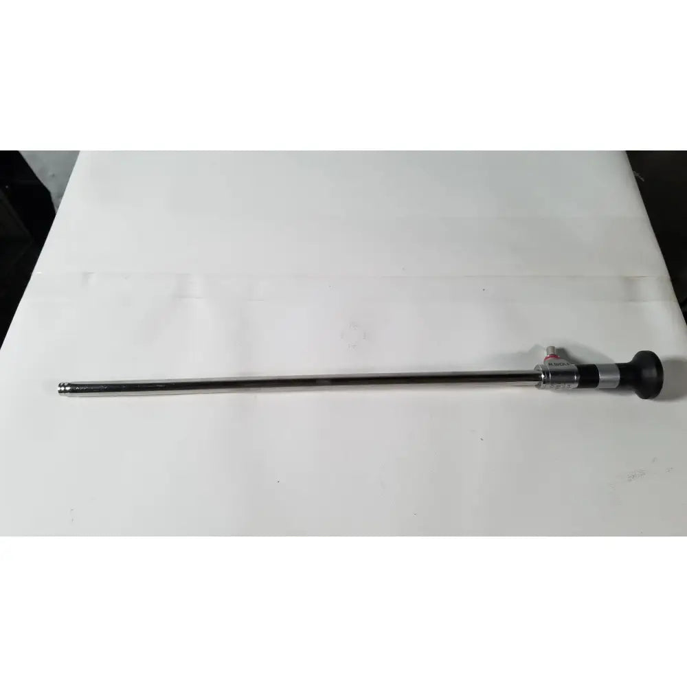Silver-colored metallic rwolf 8934.441 panoview 10mm 0 degree rigid lumina endoscope with black rubber grip and label