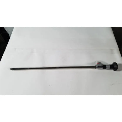 Silver-colored metallic rwolf 8934.441 panoview 10mm 0 degree rigid lumina endoscope with black rubber grip and label