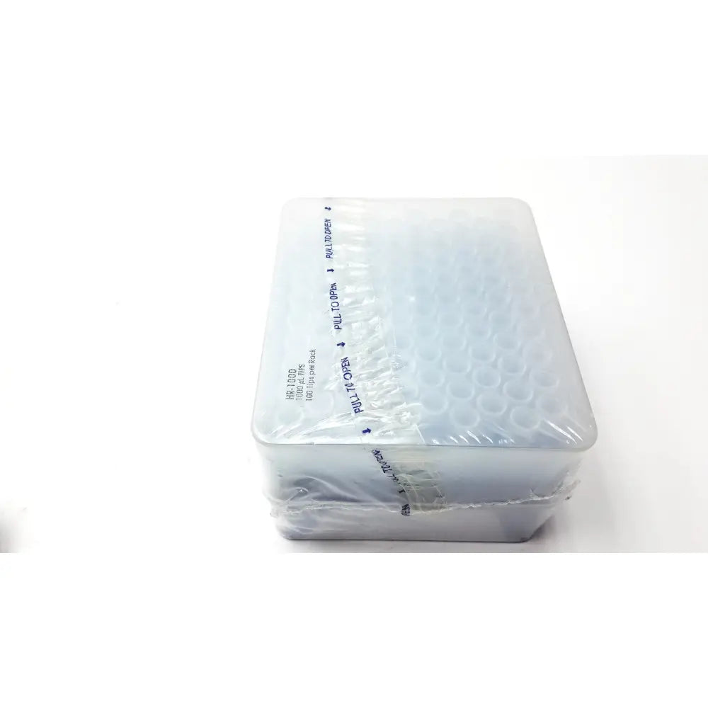 Clear plastic storage box with 100 microcentrifuge tubes labeled hc-1200 for lab use featuring rainin hr-1000 liftcover reuse medical design