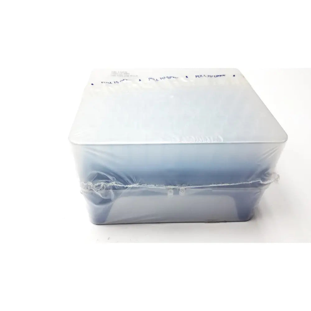 A translucent blue plastic rainin hr-1000 liftcover storage box with hinged lid and pull to open instructions for reuse medical tips