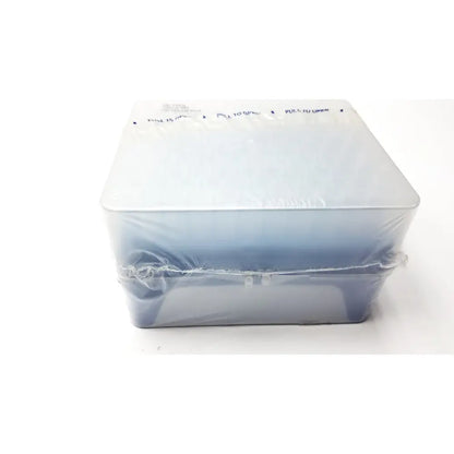 A translucent blue plastic rainin hr-1000 liftcover storage box with hinged lid and pull to open instructions for reuse medical tips