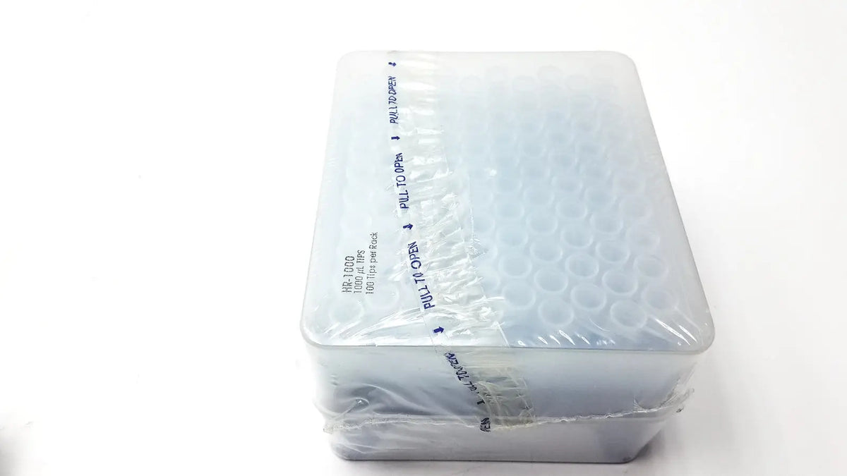 Clear plastic storage box with 100 microcentrifuge tubes labeled hc-1200 for lab use featuring rainin hr-1000 liftcover reuse medical design