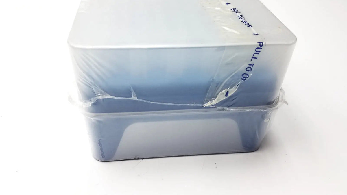 Stacked translucent blue plastic rainin hr-1000 liftcover storage containers with white lid for reuse medical tips