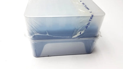 Stacked translucent blue plastic rainin hr-1000 liftcover storage containers with white lid for reuse medical tips