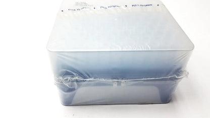 A translucent blue plastic rainin hr-1000 liftcover storage box with hinged lid and pull to open instructions for reuse medical tips