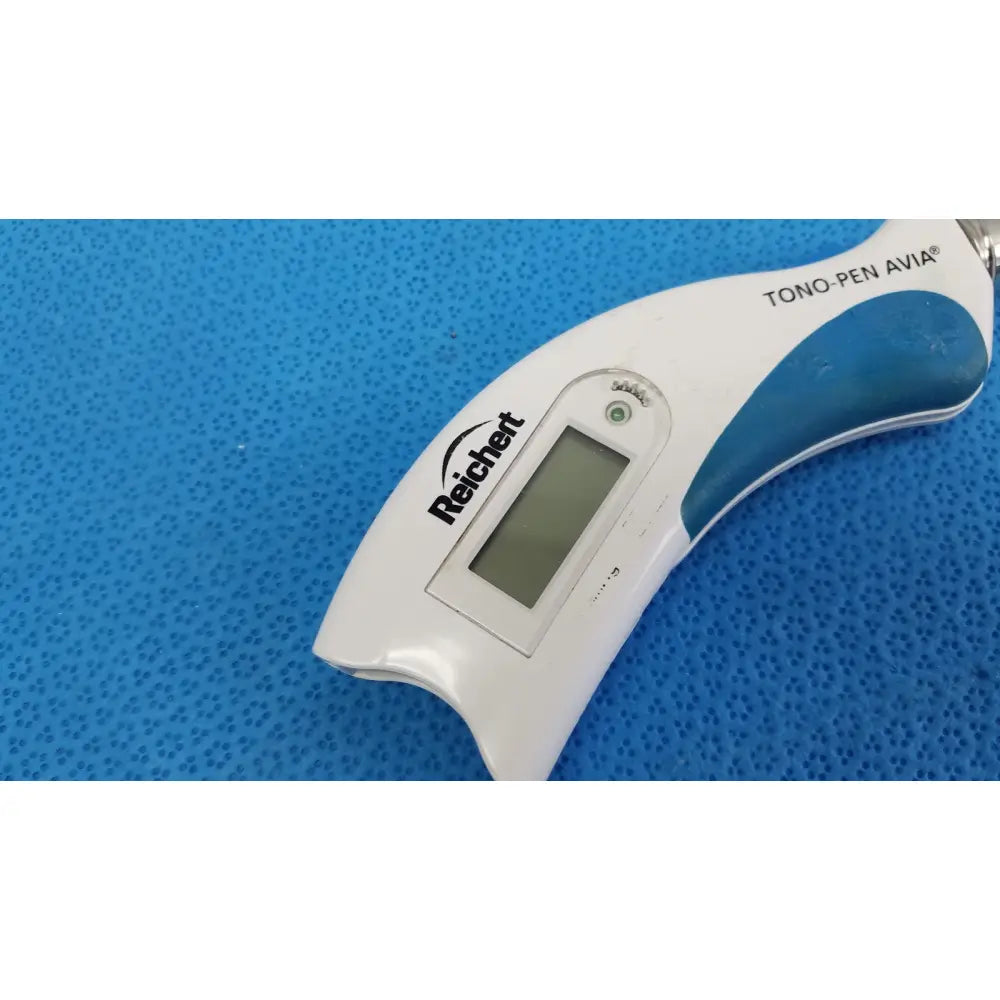 White and blue Reichert tono pen avia applanation tonometer with digital display and carrying case for eye pressure measurement
